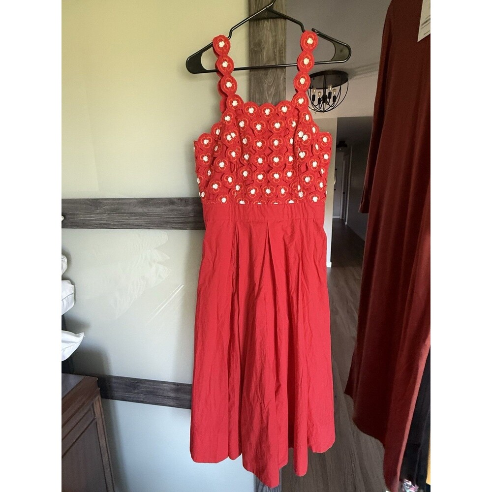 Anthropologie Maeve Crochet Halter Poplin Midi Dress $228 SIZE 8 Red